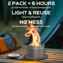 Load image into Gallery viewer, 2 Pack of Portable Campfire, Compact Outdoor Fire Pits 3-5 Hours of Burn Time No Embers No Wood Emergency Fire Starters for Camping Picnics Party and More
